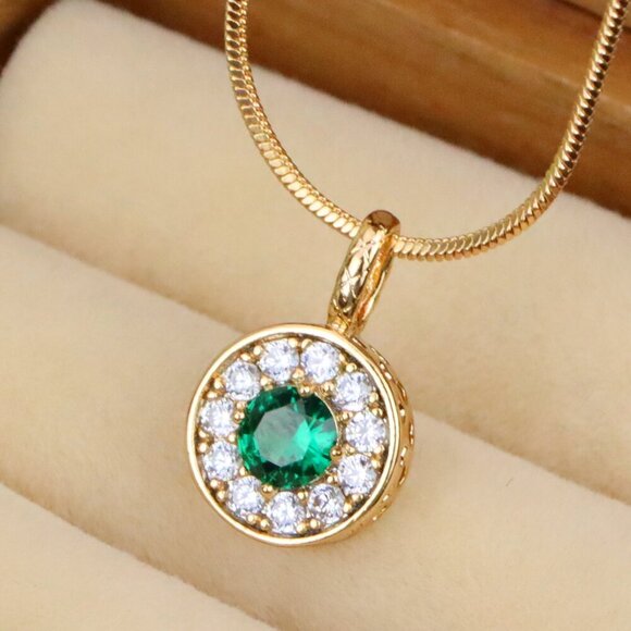 "Green Crystal Halo Pendant in Rose Gold – Round Design, XPPT1596 - Picture 1 of 10